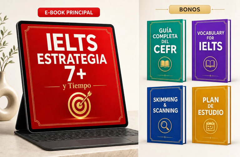 E-book principal IELTS Estrategia 7+ junto a los 4 bonos: Guía CEFR, Vocabulary for IELTS, Skimming & Scanning y Plan de Estudio