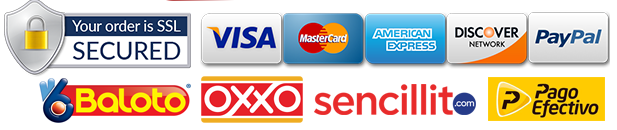 Métodos de pago aceptados: Visa, Mastercard, American Express, Discover, PayPal, Baloto, OXXO, Sencillito y Pago Efectivo — compra segura con SSL