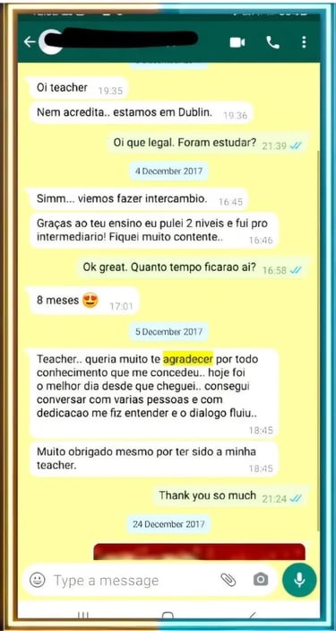 Mensaje de un alumno agradeciendo el método de la Teacher Sandra